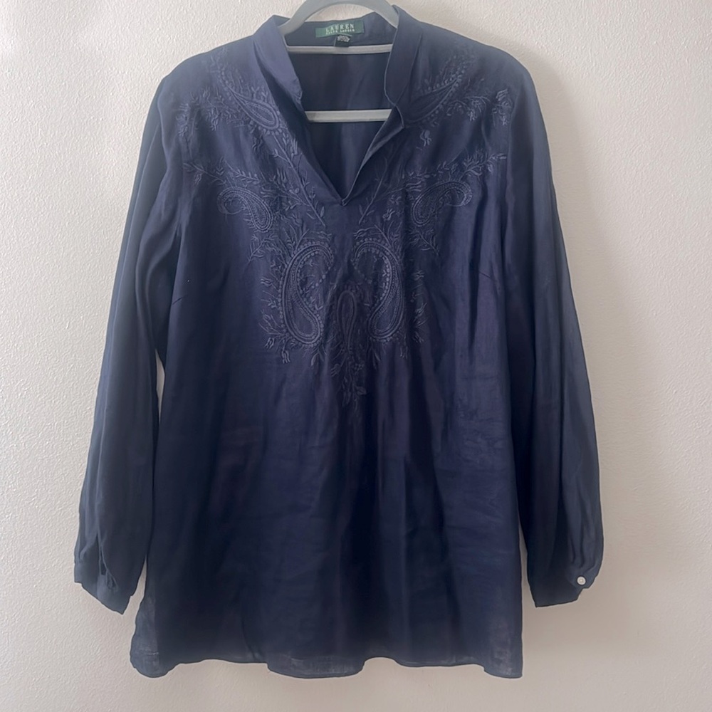 Polo Ralph Lauren linenNavy Blue Embroidered Boho Long Sleeve Tunic Shirt‎ Beach